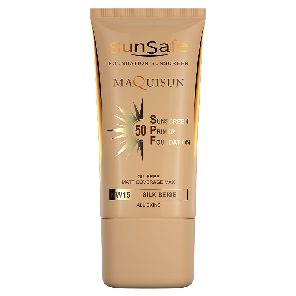ضد آفتاب کرم پودری و پرایمری مکیسان SPF 50 سان سیف بژ ابریشمی NW15