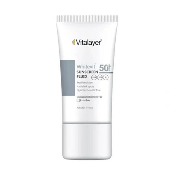 فلوئید ضد آفتاب ویتالیر مدل Whitevit SPF50 ضد لک و روشنکننده حجم ۵۰ میلیلیتر