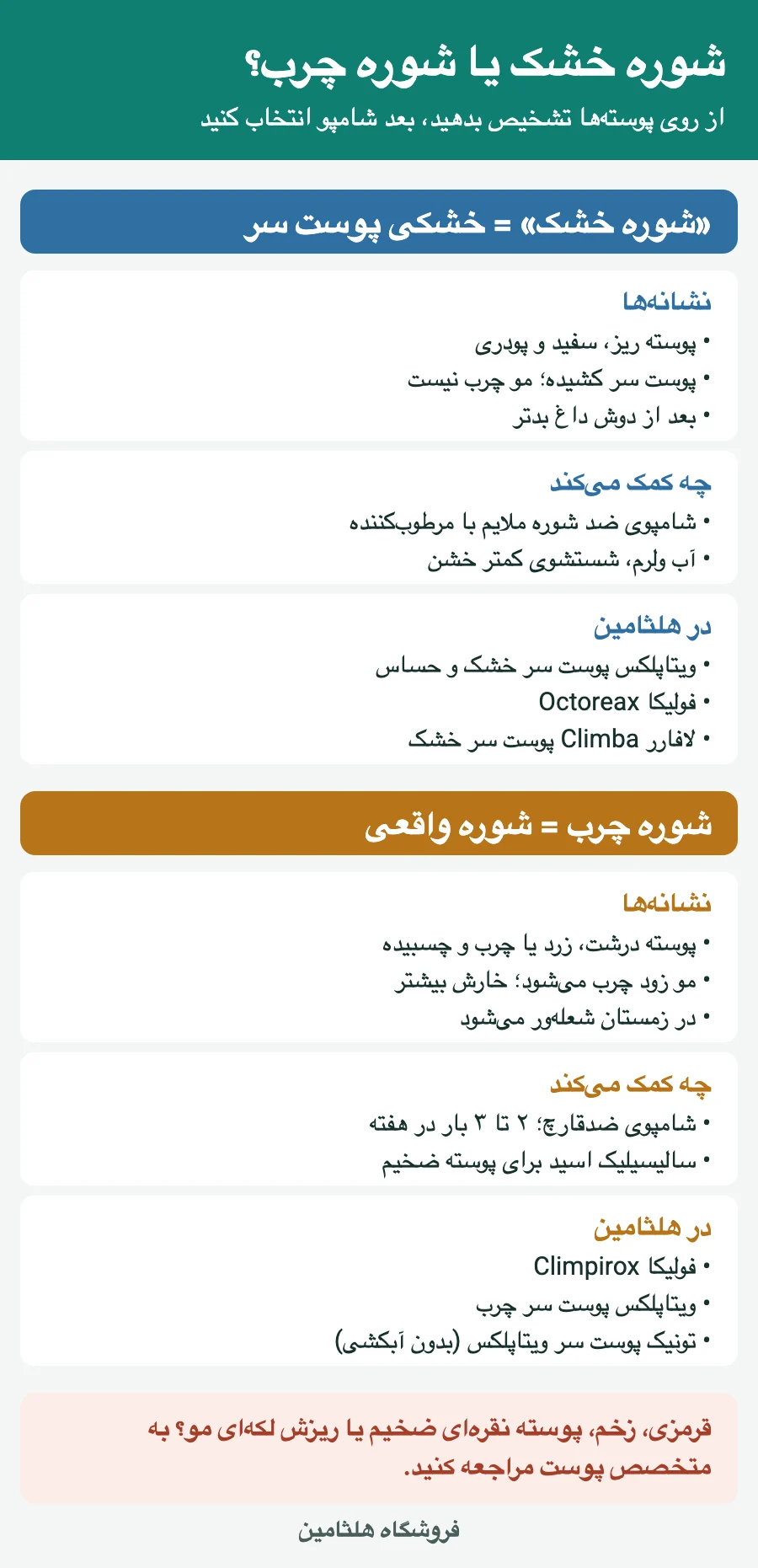 اینفوگرافیک تشخیص شوره سر خشک از شوره چرب و انتخاب شامپو ضد شوره